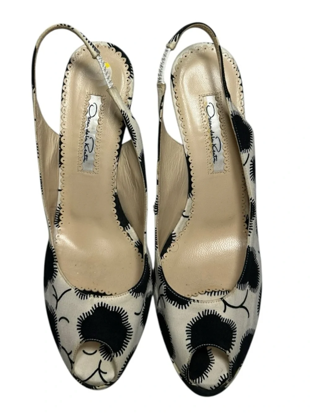 Oscar de la Renta Women’s 37.5 7.5 Black Cream Floral Slingback Platform Wedges